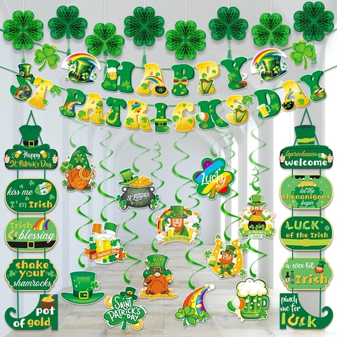 Happy St Patricks Day Party Decorations Banner Swirls Clover Shamrock Irish Festival Green Paper Hanging Ornament Decor