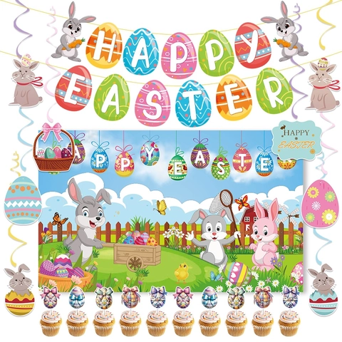 Happy Easter Decoration Bunny Egg Paper Banner Hanging Swirls Polyester Backdrop Cake Toppers Colorful Holiday Party
