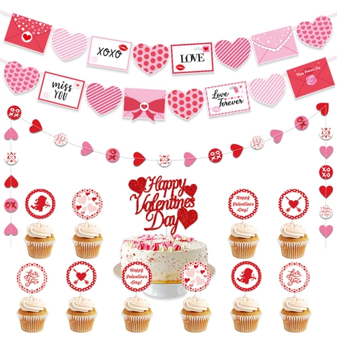 Decorazione Per Festa Di San Valentino Striscione Cartoncino Cuore Ghirlanda Topper Torta Glitter Romantico Matrimonio Proposta