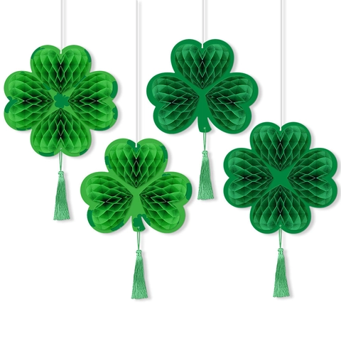 St Patrick's Day Hanging Decorations Green Honeycomb Paper Shamrock Clover With Tassels Irish Party Ornament
