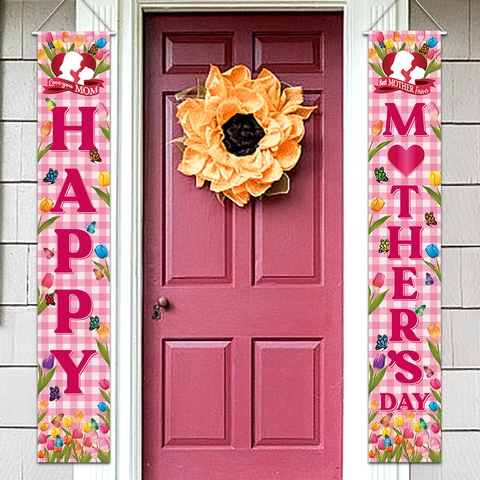 Moederdag Veranda Banner Polyester Stof Gingham Tulp Patroon Hangende Decoratie Huis Voordeur Feest Decoratie