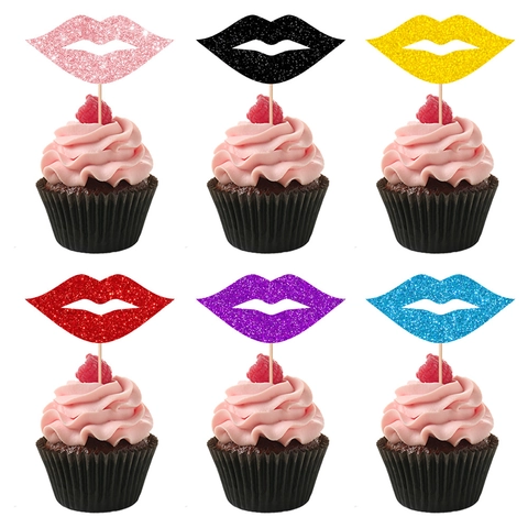 Lip Taarttoppers Glitter Karton Met Bamboestokjes Grappige Sexy Mondvorm Glinsterend Voor Valentijnsdag Bruiloft Verjaardag Feest Dessert Decoratie