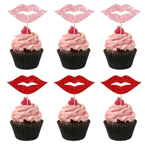 Lip Taarttoppers Glitter Karton Met Bamboestokjes Grappige Sexy Mondvorm Glinsterend Voor Valentijnsdag Bruiloft Verjaardag Feest Dessert Decoratie
