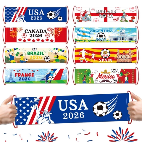 Handbediende Intrekbare Banner 2026 Voetbal Cup Fan Juichen Polyester Nationale Vlag Scroll Feestdecoratie Sport