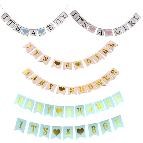 Baby Shower Banner Garland Paper Cardstock Gold Foil It's A Boy Girl Gender Reveal Birthday Party Decoration Hanging Prop