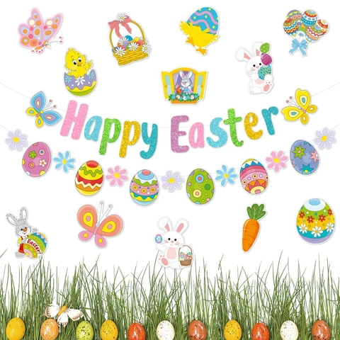 Frohe Ostern Banner Dekorationen Hase Ei Schmetterling Glitzer Papier Girlande Set Für Feiertag Party Innen Außen Süß