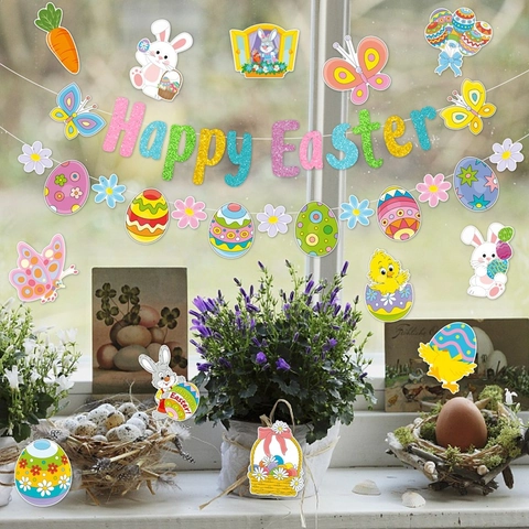 Frohe Ostern Banner Dekorationen Hase Ei Schmetterling Glitzer Papier Girlande Set Für Feiertag Party Innen Außen Süß