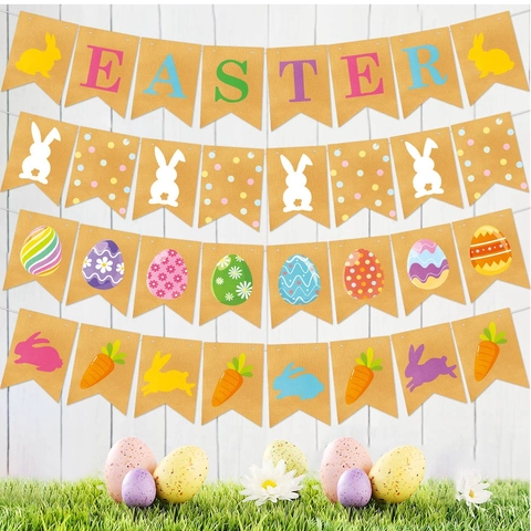 Easter Burlap Banner Linen Rabbit Carrot Egg Garland Hanging Party Decoration Bunting
