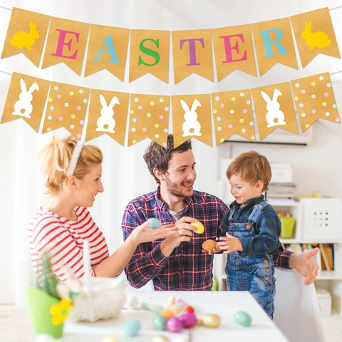 Easter Burlap Banner Linen Rabbit Carrot Egg Garland Hanging Party Decoration Bunting