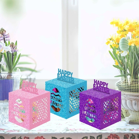 Lasergeschnittene Glitzerpapier Ostern Süßigkeitenboxen Mit Hasen Und Eimustern Happy Easter Geschenkbox Für Die Partydekoration