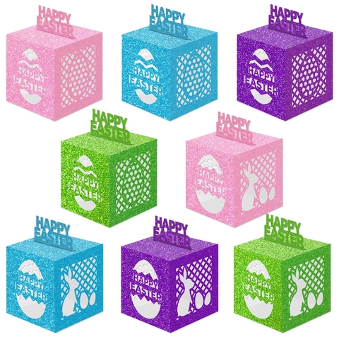 Lasergeschnittene Glitzerpapier Ostern Süßigkeitenboxen Mit Hasen Und Eimustern Happy Easter Geschenkbox Für Die Partydekoration