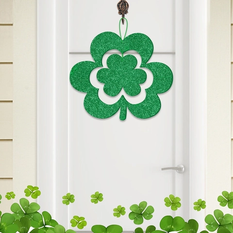 St. Patrick's Day Green Glitter Shamrock Door Hanger EVA Cutout Wall Hanging Decoration For Irish Party Festive Home Decor