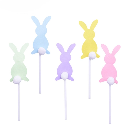 Bunny Cake Toppers Macaron Color Rabbit With Pom Pom Tail Easter Party Decoration Cardstock Dessert Picks Festive Theme