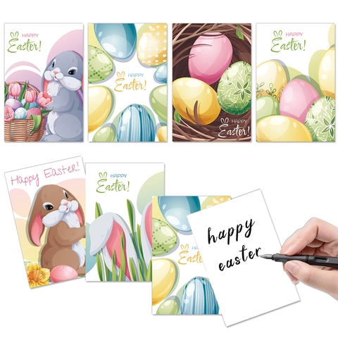 Easter Greeting Cards Invitation Rabbit Egg Flower Cardstock Paper Holiday Party Celebration Cute Cartoon Style Blank Back