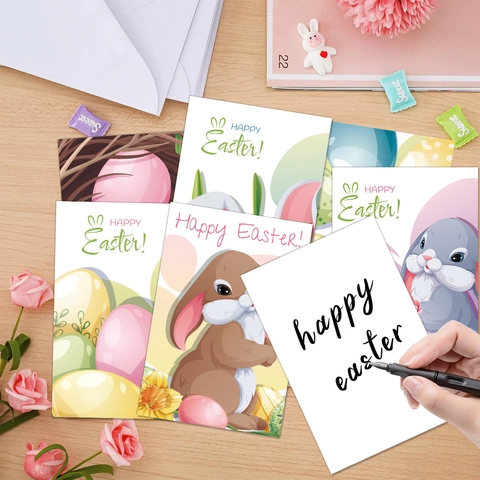 Easter Greeting Cards Invitation Rabbit Egg Flower Cardstock Paper Holiday Party Celebration Cute Cartoon Style Blank Back