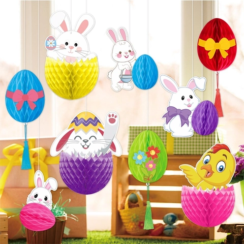 Easter Hanging Ornaments Bunny Egg Honeycomb Balls Paper Colorful Decorations Holiday Party Decor