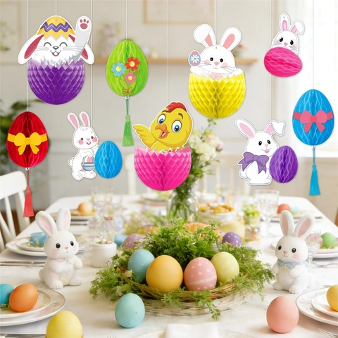 Easter Hanging Ornaments Bunny Egg Honeycomb Balls Paper Colorful Decorations Holiday Party Decor