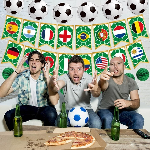 Decorazioni Festa Tema Coppa Del Mondo Calcio Banner Bandiere Nazionali Palline A Nido D'ape Spirali Appese Ghirlanda