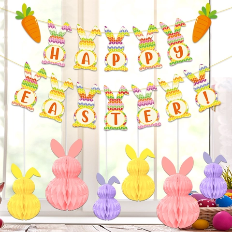 Decorazione Per Festa Di Pasqua Banner Di Coniglio Di Carta Lettera Happy Easter Con Ornamenti Appesi A Coniglio A Nido D'Ape 3D