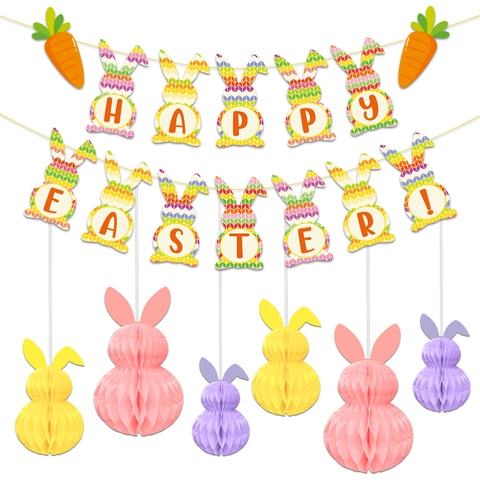 Decorazione Per Festa Di Pasqua Banner Di Coniglio Di Carta Lettera Happy Easter Con Ornamenti Appesi A Coniglio A Nido D'Ape 3D