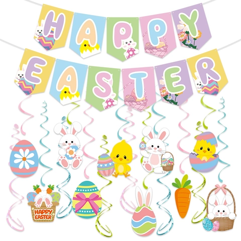 Happy Easter Banner Bunting Hanging Swirls Decorations Paper PVC Party Supplies Bunny Egg Chick Carrot Macaron Color