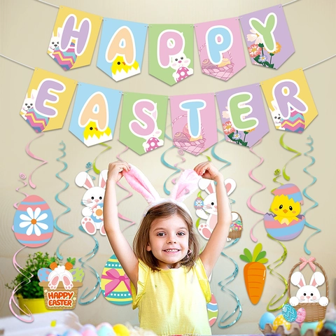 Happy Easter Banner Bunting Hanging Swirls Decorations Paper PVC Party Supplies Bunny Egg Chick Carrot Macaron Color