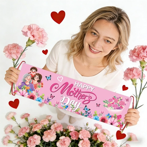 Mother's Day Handheld Banners Photo Props Polyester Floral Heart Print Party Decorations For Mom Birthday
