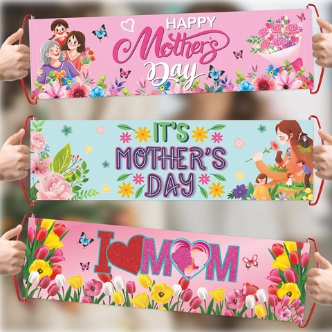 Mother's Day Handheld Banners Photo Props Polyester Floral Heart Print Party Decorations For Mom Birthday
