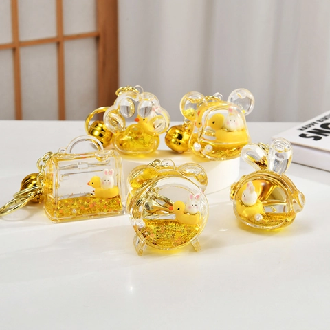 Portachiavi Pendente Acrilico Sabbie Mobili Liquide Miniature Coniglio Anatra Galleggianti Con Campanello Dorato Accessorio Borsa Stile Cartone Animato