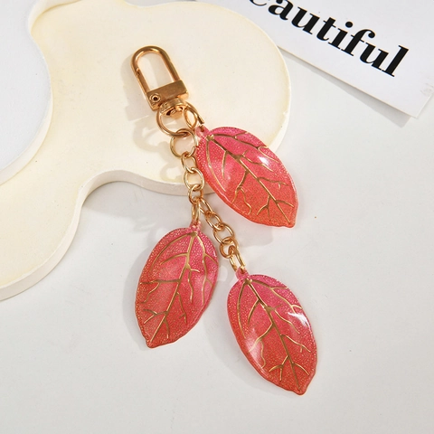 Leaf Keychain Gradient Resin Bag Charm With Gold Veins Glitter Forest Style Aesthetic Triple Leaves Pendant