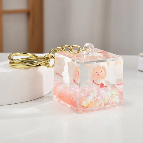 Cute Lamb Square Bottle Keychain Acrylic Liquid Quicksand Bag Pendant Cartoon Kawaii Accessory Gift For Girls