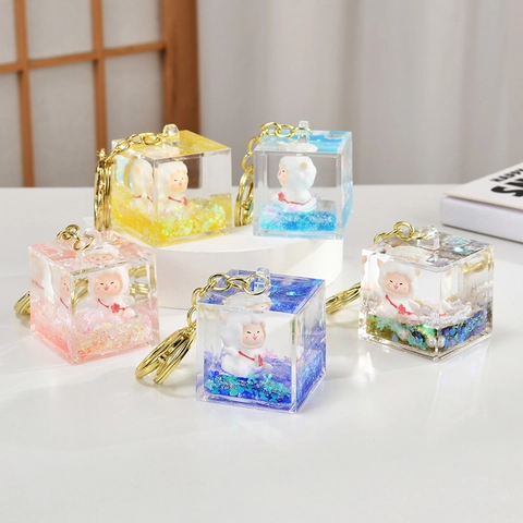 Cute Lamb Square Bottle Keychain Acrylic Liquid Quicksand Bag Pendant Cartoon Kawaii Accessory Gift For Girls