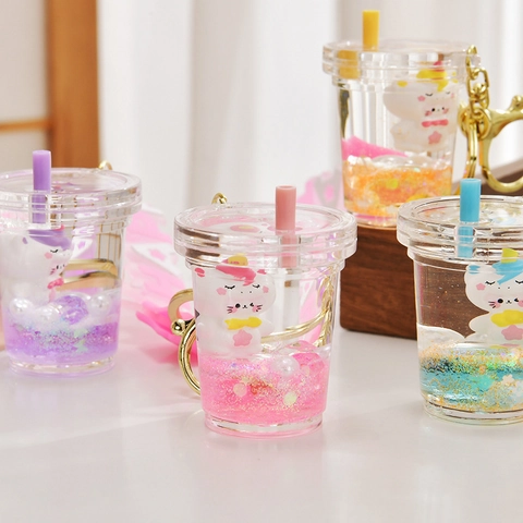 Portachiavi Tazza Tè Al Latte Sabbie Mobili Liquide Glitter Fascino Borsa Acrilico Animale Cartone Animato Pendente Regalo