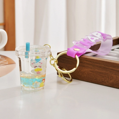 Portachiavi Tazza Tè Al Latte Sabbie Mobili Liquide Glitter Fascino Borsa Acrilico Animale Cartone Animato Pendente Regalo
