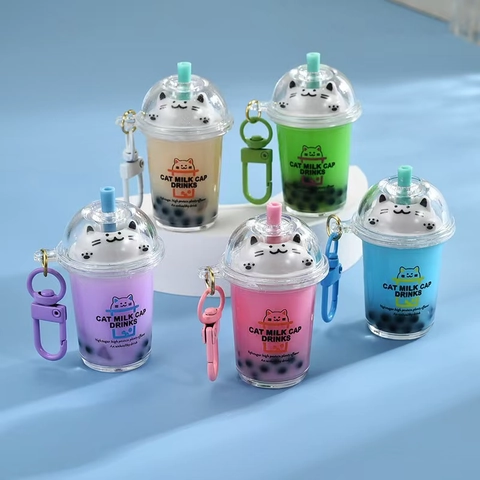 Cute Cat Bubble Tea Cup Keychain Quicksand Liquid Moving Artificial Pearls Acrylic Bag Pendant Creative Novelty Car Key Ring Accessory