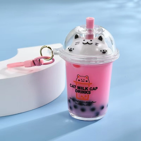 Cute Cat Bubble Tea Cup Keychain Quicksand Liquid Moving Artificial Pearls Acrylic Bag Pendant Creative Novelty Car Key Ring Accessory