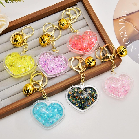 Porte-Clés En Forme De Cœur Acrylique Liquide Sable Mouvant Paillettes Cloche Lumineux Pendentif Sac Cadeau Mignon