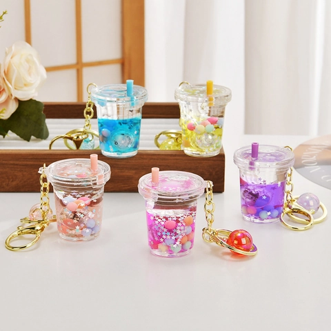 Carino Tazza Di Tè Al Latte Luminoso LED Portachiavi Acrilico Liquido Sabbie Mobili Ciondolo Per Borsa Zaino Regalo