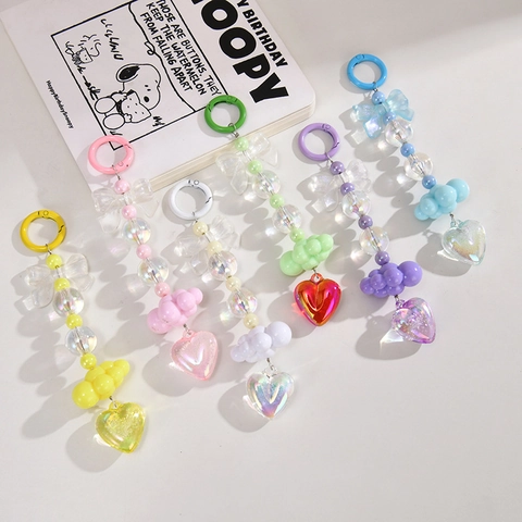 Cute Acrylic Beaded Keychain Heart Cloud Bow Bag Pendant Iridescent Style For Women Girls Colorful Accessories