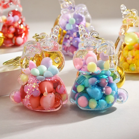 Portachiavi Unicorno Orso Coniglio Animale Sabbie Mobili Acrilico Resina Perle Colorate Galleggianti Campanello Liquido Ciondolo
