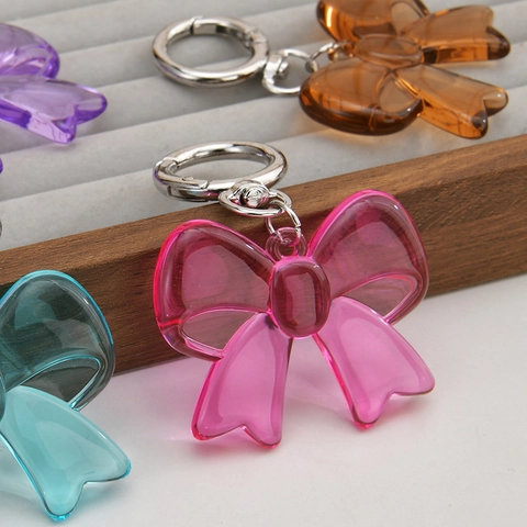 Acrylic Bow Keychain Candy Color Transparent Resin Bag Pendant Alloy Ring Accessories For Students Girls Cute