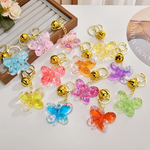 Portachiavi Farfalla Acrilico Quicksand Glitter Stella Perla Artificial Pendente Liquido Galleggiante Portachiavi Con Campanello
