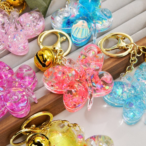 Portachiavi Farfalla Acrilico Quicksand Glitter Stella Perla Artificial Pendente Liquido Galleggiante Portachiavi Con Campanello