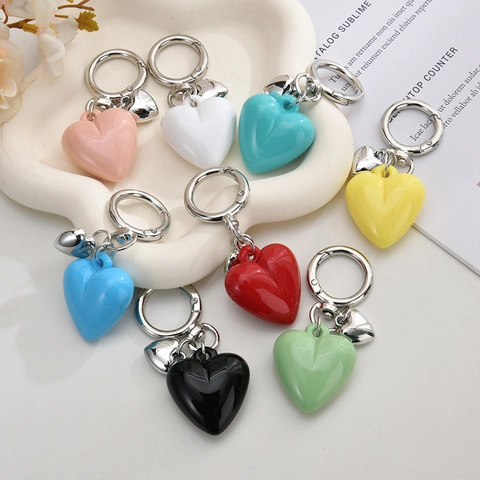 Portachiavi A Cuore Acrilico Resina Doppio Ciondolo Lucido Charm Per Borsa Con Chiusura In Metallo Argentato Dolce Accessorio