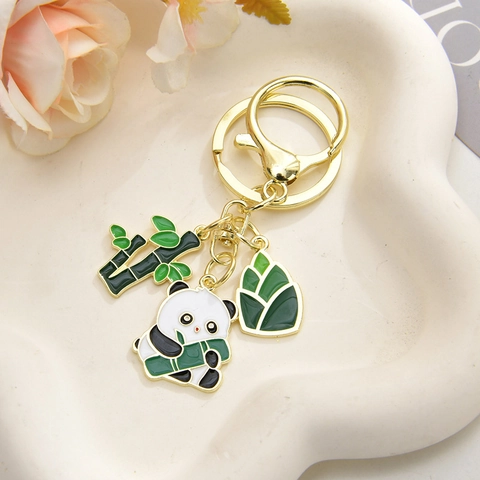 Portachiavi Panda Cartone Animato Carino Bambù Smalto Lega Placcato Oro Pendente Per Borsa Ornamento