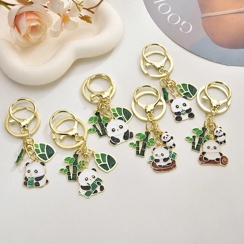 Portachiavi Panda Cartone Animato Carino Bambù Smalto Lega Placcato Oro Pendente Per Borsa Ornamento