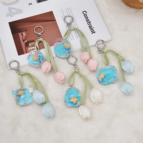 Portachiavi Creativo con Orso in Olio Liquido Bottiglia alla Deriva in Acrilico Ciondolo a Borsa con Tulipano per Donne Ragazze