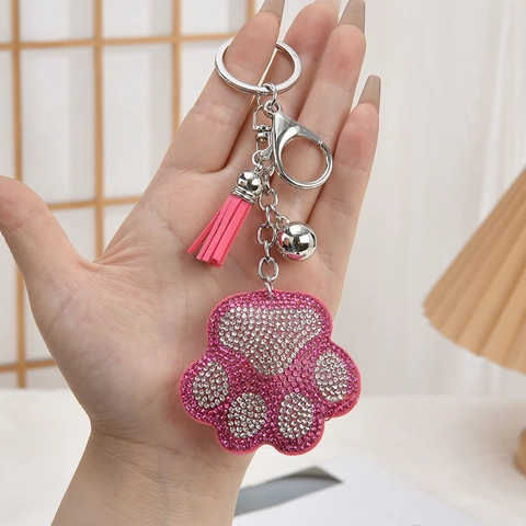Rhinestone Cat Paw Keychain Leather Tassel Bell Alloy Metal Lobster Clasp Bag Charm Animal Footprint Fashion Accessory
