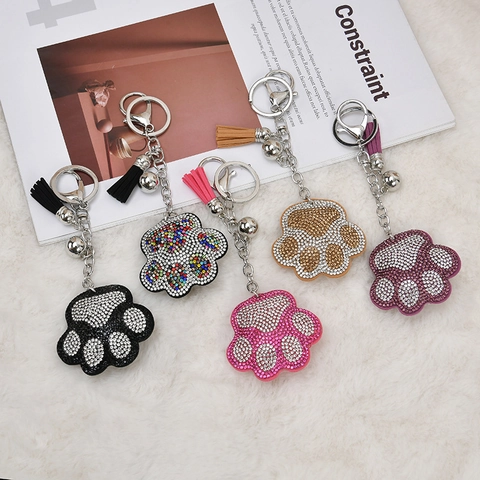Rhinestone Cat Paw Keychain Leather Tassel Bell Alloy Metal Lobster Clasp Bag Charm Animal Footprint Fashion Accessory