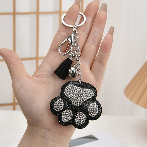 Creative Cat Paw Rhinestone Keychain With Plush Tassel Metal Bell Alloy Crystal Paw Print Bag Pendant Gift For Women Girls